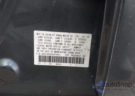 2006 Acura Tsx из США, поврежденный, VIN JH4CL96926C019413